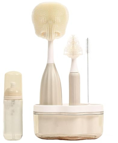 GREATRICH Flaschenbürste Baby zubehör mit Trocknungständer und Druck-Schaum Funktion, Bottle Brush Baby Sachen, Babyflaschen Bürste Reiniger Flexibel, Flaschenbürste Silikon Komplett für Sauger
