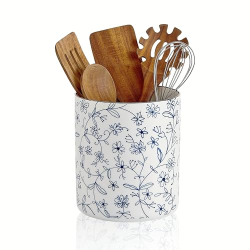 Swuut 7.2'' Küchenutensilienhalter - Bauernhaus Keramik Arbeitsplatte Organizer mit Korkmatte, Geschirr Crock für Kochwerkzeuge, Blumen oder Wein Chiller (blau und weiß)