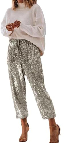 High Waisted Sequin Trousers For Women Uk Walking Trousers For Women Plus Size Sweatpants Glitter Loose Fit Joggers Sparkly Drawstring Track Pants Shiny With Tie String Bottoms Light Bling Ing