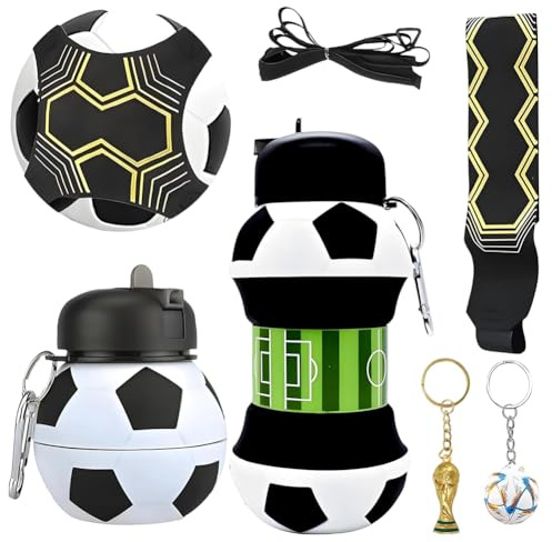 GVMJHYK Botella de Agua Fútbol con football Llavero & Fútbol Kick Throw Trainer Entrenamiento para Niños Niñas Adultos 550ml Botella Agua Plegable y Extensible sin BPA