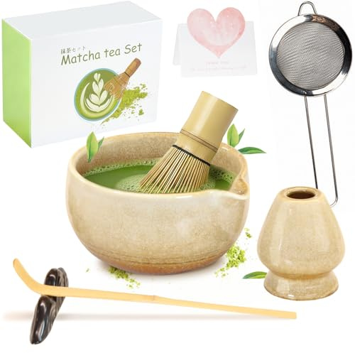 Matcha Set 8 Stück, Handgedrehtes Matcha Tee Set mit Bambus Matcha Besen (100+ Zinken), Besenhalter, Keramikschale, Löffel & halter, Sieb, Teetuch & Exklusivem Grußkarte – Hochwertiges Matcha Tee Set