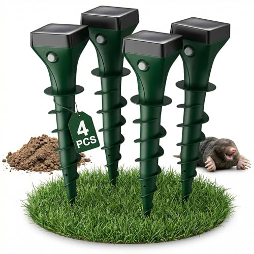 Maulwurf Vertreiber Solar 4er Set, Ultraschall Maulwurfschreck mit Spiralpfahl, gegen Wühlmäuse Maulwurf Marder Schlangen, IP65 Wasserdicht, Eingebauter Akku Garten Tierabwehr