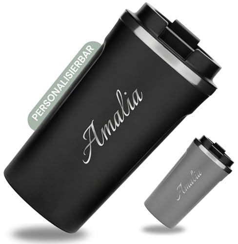 SMARTEON Thermobecher kaffee to go mit Namen – Edelstahl Trinkbecher mit Gravur 500ml – Thermosflasche personalisiert – Personalisierter Kaffeebecher mit Logo (Schwarz)
