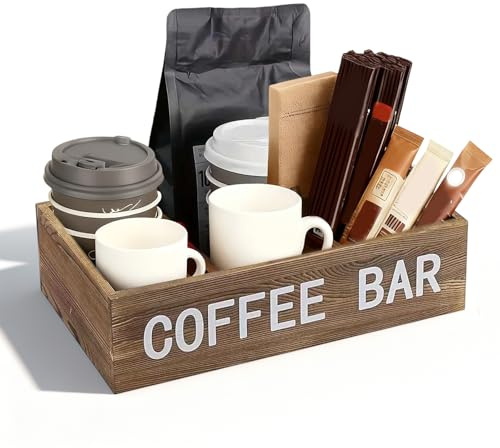 Coffee Bar Station Organiser, Wooden Storage Desktop Basket with 3-Compartment Adjustable Dividers Coffee Stand for Tea Condiments Sweetener Bar Accessories Caddy for Home or Office (35x15x9cm)