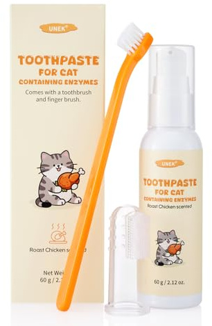 UNEK Kit de cuidado dental para gatos – Pasta de dientes enzimática 60 g sabor pollo frito, con cepillo de dientes y cepillo de dedo, ayuda a reducir placa y mal aliento