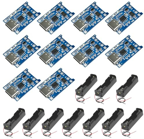 Diymore 10 Stück TP4056 Type-C USB C 5V 1A 18650 Lithium Battery Charger Module Charging Board, mit 10 Stück 3.7V 18650 Batteriehalter mit Wire Leads, mit Dual Protection Functions
