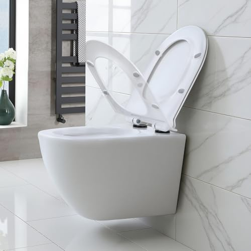 Cuvette WC suspendue céramique courte, WC suspendu avec fonction bidet intégrée, sans bride, abattant WC avec frein de chutes, effet lotus White Blanc
