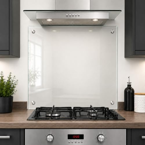 6mm Clear Glass Kitchen Splashback – Toughened Heat-Resistant Safety Glass, Polished Edges, Pre-Drilled Holes & Chrome Mirror Screw Fixings, Hob & Cooker Wall Protector (90 x 75cm)