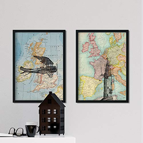 Nacnic Vintage Landkarten Poster 2-er Set. Vintage Stil Wanddekoration Abbildung von Welt, Transport und Reisen. Verschiedene bunte Bilder ohne Rahmen. Größe A4.