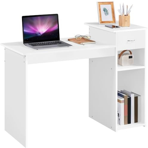 Yaheetech Schreibtisch Computertisch, PC-Tisch mit Schublade und Ablagen, Bürotisch aus Holz, Arbeitstisch für Home Office, Wohnzimmer, 112 x 82 x 50 cm Weiß