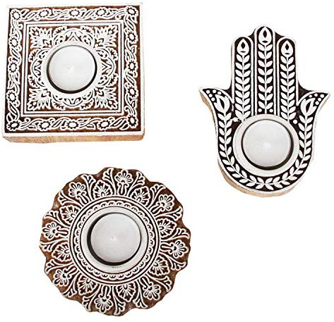 Casa Moro 3 Orientalische Teelichthalter Sahra im Set aus Echtholz geschnitzt & handbemalt mit Budhha Fatimas Hand marokkanische Kerzenhalter Geschenk-Idee Weihnachten Muttertag Tisch-Deko RK210