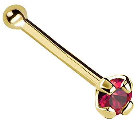 Jewelry Avalanche 22G Solid 14Kt Gold Nose Bone Stud with Prong Set real Ruby Gemstone, 14kt Yellow Gold or 14kt White Gold - July Birthstone Nose Ring-NBYG_RB-1.5MM