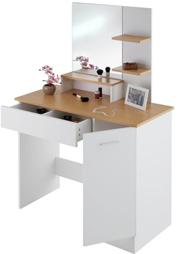 tectake® Schminktisch mit Spiegel, Frisiertisch mit 3 Ablagen & Seitenfach mit Tür, Kosmetiktisch, Schminktisch mit Schubladen, Ideal für Wohnzimmer, Schlafzimmer und Jugendzimmer - weiß/buche