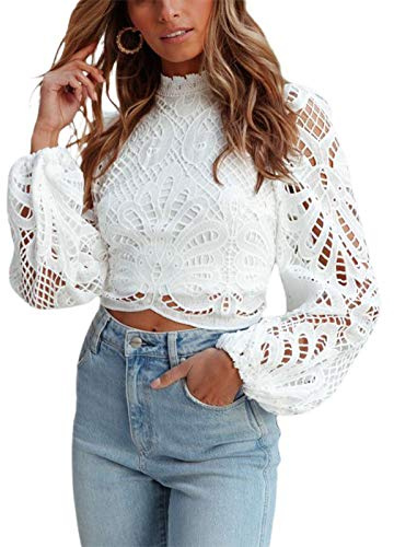 Loalirando Haut Court en Dentelle Femme à Manches Longues Crop Top Chemise Décontracté Evidé au Crochet à Col Montant, Blanc, M