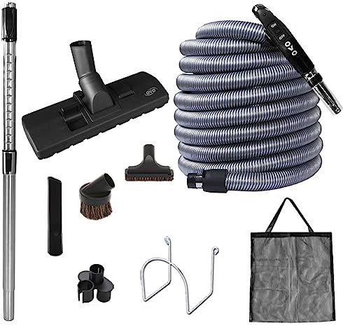 OVO KIT-LV30S, Central Vacuum Standard Kit, med 30/35/40/15 m lågspänningsslang, på/av-kontroll vid handtaget, 12 tum komboborste och tillbehör, för hårda ytor och mattor, svart, B 30 tum