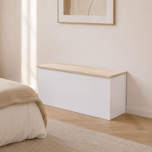 Dmora - Stamm Miltonia, große Mehrzweck-Aufbewahrungsbox, moderne Truhe, 100 % Made in Italy, 90 x 45 x 45 cm, Weiß und Eiche,