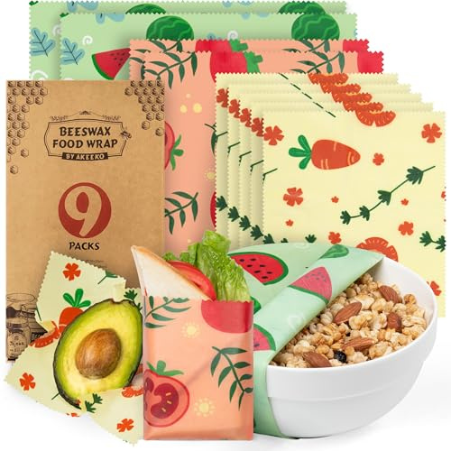 Akeeko Reusable Beeswax Food Wraps - Assorted 9 Packs, Reusable, Plastic-Free Food Storage, 5 Small, 2 Medium, 1 Large, 1 Extra Large Wraps with Cute Fruits Pattern