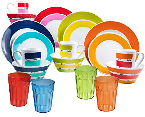 Camping Geschirr Set aus Melamin 4 Personen 20 Teile Bunt 450ml modernes