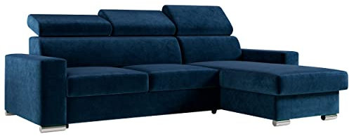 MKS MEBLE Ecksofa Wohnzimmer - Wohnlandschaft - L-Form Couch mit Schlaffunktion - Bettsofa - Wohnzimmer L Couch - Polstersofa mit Bettkasten - Fox Dunkelblau