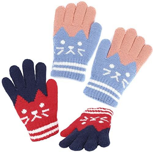 2 Paar Winterhandschuhe Kinder Fingerhandschuhe, Vollfinger Strickhandschuhe, Warme Cartoon-Katze Dehnbare Fäustlinge für Jungen Mädchen 3-8 Jahre alt