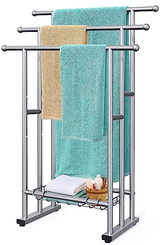 40 Tall Freestanding Towel Racks for Bathroom, 3 Tier Floor Towel Rack with Storage Basket, Blanket Ladder Drying and Display Rack for Large Bath Towel & Hand Towel Outdoor Poolside (Silver)