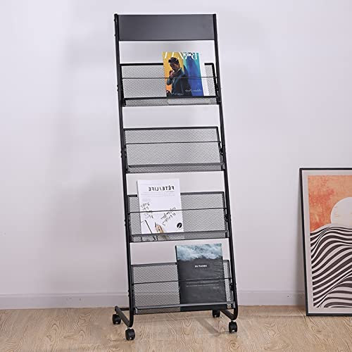 ZIMGOD Prospektständer Rollender Zeitschriftenständer für das Wohnzimmer zu Hause, 4-stufiger Prospekthalter, Plakate/Broschüren-Organizer-Ständer, Leicht Zusammenzubauen (Color : Black)