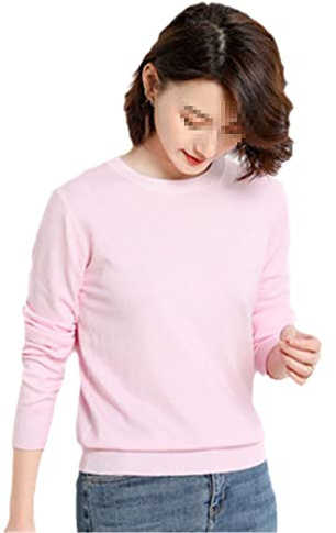 Damtröja O-hals kashmir solida pullovers smal botten långärmad ledig baströja, Ljusrosa, M