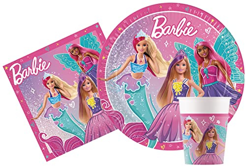 Partygeschirr Party-Set Barbie Fantasy für 8 Personen (36 pcs: 8 Pappteller Ø23cm, 8 Becher 200ml, 20 Servietten 33x33cm)