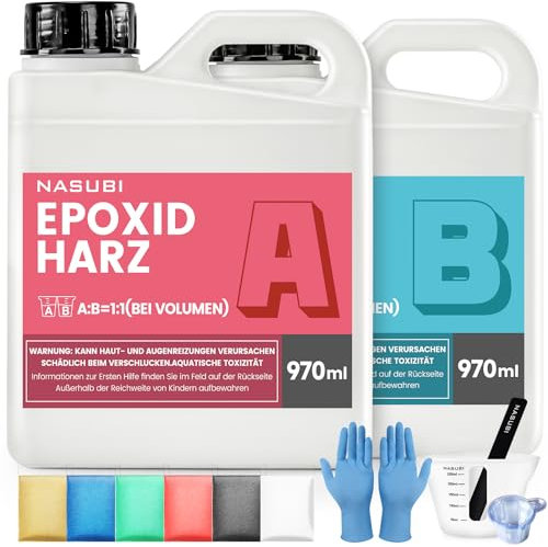 Epoxidharz Set|1,94 l Epoxidharz und Härter| Geeignet für Tischplatten, Schmuck, Beschichtetes Glasklar Epoxidharz Mit 5 resin gießharz Farbe, Silikon-Messbecher, Rührstab,Handschuhe