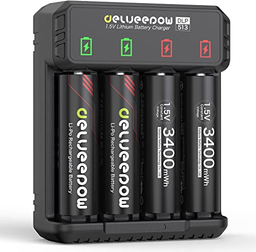 Delyeepow AA Rechargeable Batteries 3400mWh + Fast Charger Set, 4-Pack | 4-Slot Smart LED Charger for AA AAA 1.5V Lithium Batteries, 1500 Cycles, Constant 1.5V output,for Controllers Cameras Torches