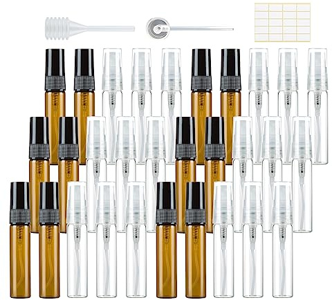 Kieswan 30 Stück 5ml Parfümzerstäuber Leer Sprühflasche Glas Klein zum Befüllen, Mini Pump Taschen ParfumFlakon Nachfüllbar Parfümproben für Reise Transparentes Bernstein mit Pipetten Presskopf