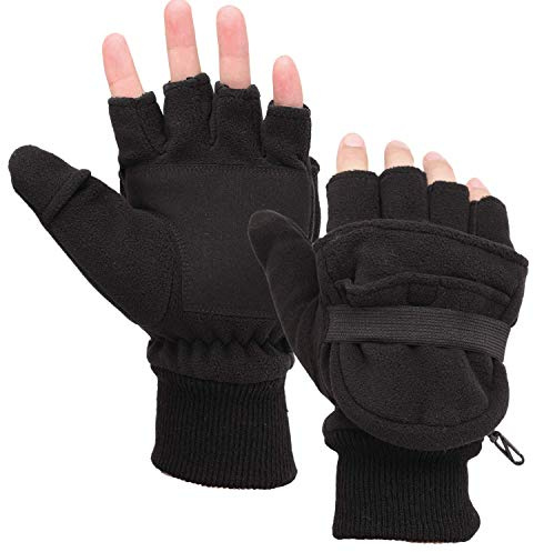 Zeltauto Men’s Thinsulate Gloves Convertible Fingerless Mitten Flap Cover Multipurpose Large(Black)