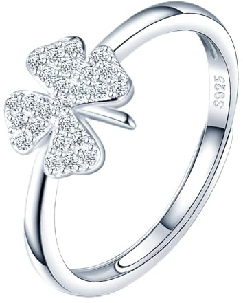 MICGIGI Damen Verstellbarer Ring 925er Sterling Silber Finger Ring Zirkonia Vierblättriges Kleeblatt Gestaltung Offener Ring