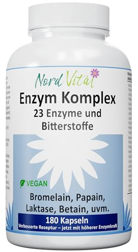 Enzym Komplex mit 23 aktiven Inhaltsstoffen – 180 magensaftresistente Kapseln – Hochdosierte Verdauungsenzyme mit Bromelain, Papain, Lipase, Betain HCL & Bitterstoffen – Vegan – Digestive Enzymes