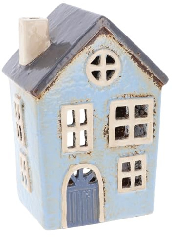 Shudehill Giftware Village Pottery Teelichthalter mit rundem Fenster, blaues Haus