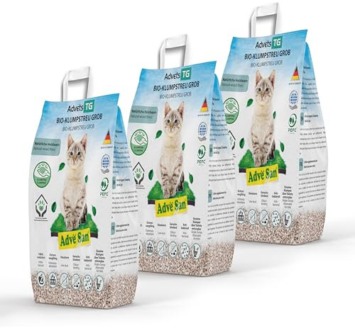 Adve® San Klumpendes Bio-Katzenstreu aus Holz - 100% Natürlich - Klumpstreu pflanzlich - Holzstreu - in der Toilette entsorgbar - 12.9 kg / 30 l (3 x 10 l)