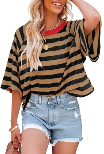 Dokotoo Fashion Summer Womens Tops for Women Cute Crop Tops 2025 Fall Striped Short Sleeve Shirts Women's Clothes Clothing Blouses Dressy Casual Trendy Oversized Tshirts Tee Cruise Outfits
