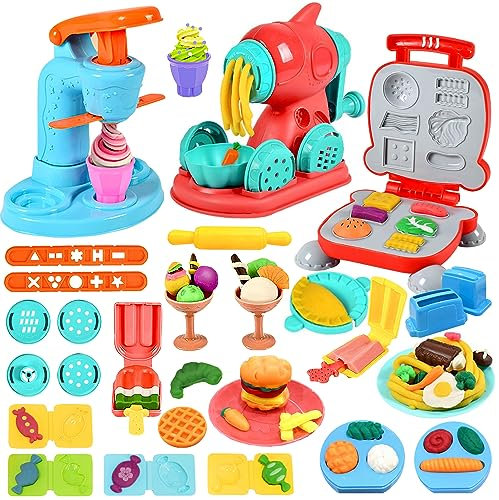 VBACALA 51 Stück Knete Set,Knete Zubehör Kitchen Creations,Knete Eismaschine Nudelmaschine Burgermaschine,Knetwerkzeug Kinderknete, Spielzeug Geschenk Knete ab 3 Jahre