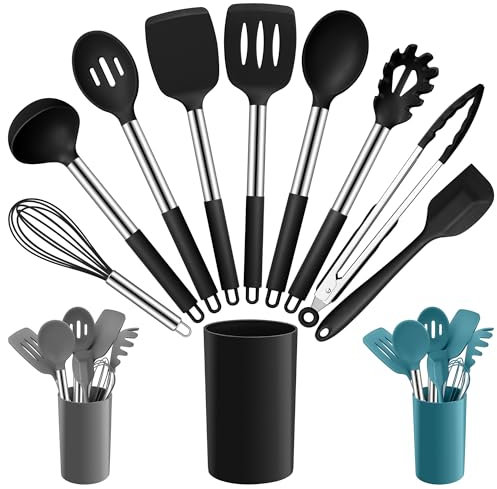 Joyfair Kitchen Utensils Set, 10 Pcs Silicone Cooking Utensils Set with Stainless Steel Handle, Heat Resistant Cooking Tools Spatula Turner Spoon with Holder, Dishwasher Safe & Non Scratch, Black