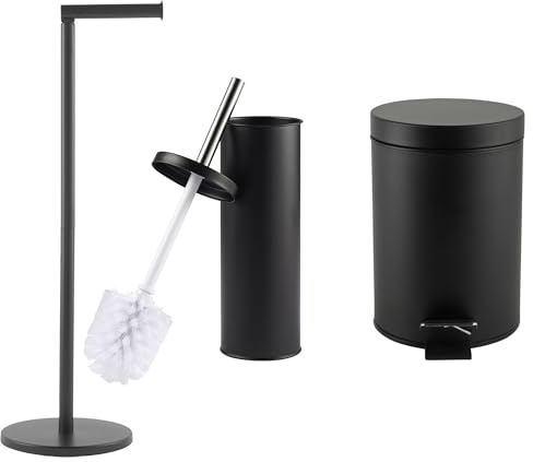 Beldray COMBO-9038 Bathroom Accessories Set – 3 Piece With 3L Soft Close Waste Pedal Bin, Toilet Brush & Holder, Freestanding Toilet Roll Holder, Stiff Bristle Cleaning Brush, Stylish Black Finish