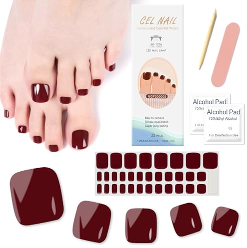 Ceboic Pegatinas Uñas Pies Adhesivas Semipermanente, 32Pcs Uñas de Gel Pegatinas para Pies UV Francesa, Uñas de Gel Pegatinas para Pies Cubierta Completa para Mujeres Uñas Decoraciones - Borgoña