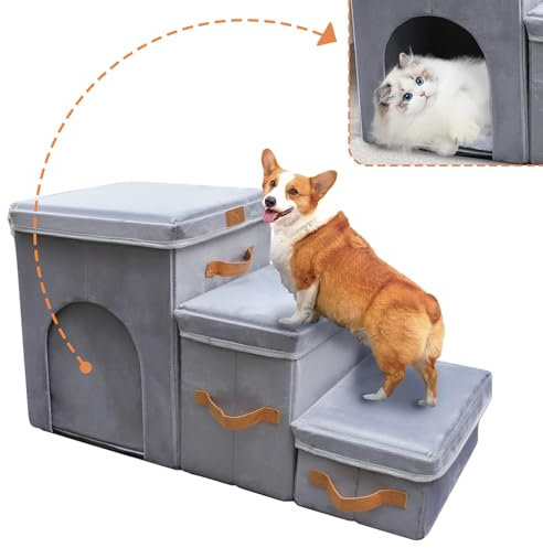 AMFIYQ Hundetreppe für hohe Betten bis zu 81,3 cm Höhe – Haustierstufen für kleine, mittelgroße oder große Hunde, faltbare Katzentreppe mit Stauraum und Höhle, 3-stufige Haustiertreppe für Couch und