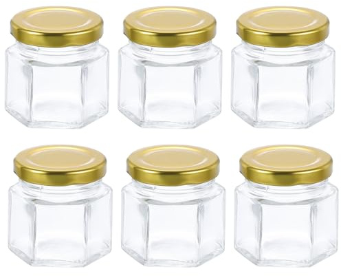 sourcing map 6pcs Hexagon Glass Honey Jars 2oz Small Mini Honey Jar Container with Gold Lids for Wedding Party Favors Bridal Shower