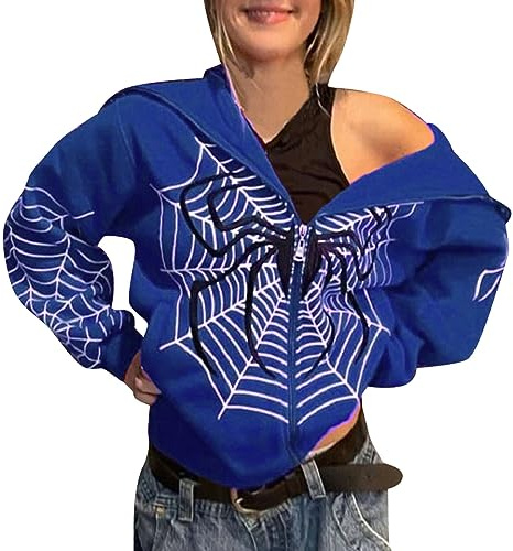 Damen Zip Up Oversized Hoodie Große Spinnennetz Print Muster Y2K Hoodie Gothic Punk Jacke Sweatshirt Halloween Oversized Kapuzenpullover Damen Oberteile Übergröße Pullover Teenager Mädchen Streetwear
