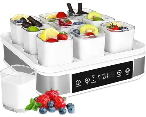 Mini yogurtera, máquina automática de yogur Natto, yogurteras eléctricas con frascos de vidrio de 9 piezas y pantalla táctil inteligente, control de tiempo y temperatura ajustables