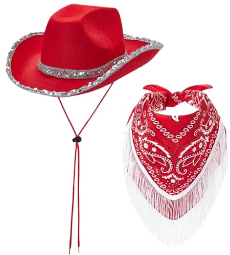 Grtheenumb Cowgirl Hut Disco Franse Bandana, Western Cowboy Kostüm Set Pailletten Red Cowgirl Hut für Frauenparty