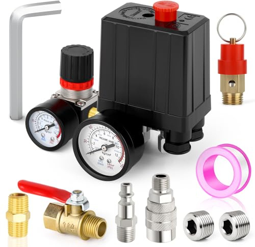 MEANLIN MEASURE Luftkompressor Druckschalter Steuerventil 6~8 BAR/90~120 PSI 110V~240V 4 Wege Ersatzteile mit 0~12 BAR/180 PSI Luftkompressor Regler und Sicherheitsdruckbegrenzungsventil