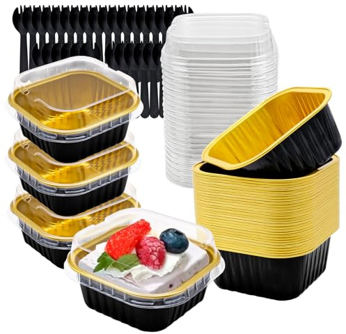 FORYNXHWIN 30Pcs Mini Cake Baking Cups with Lids and Spoons, 150ml Square Reusable Aluminum Foil Baking Cups, Small Loaf Pans Cake Boxes for Bread Dessert Wedding Birthday Picnic Party (Black Gold)