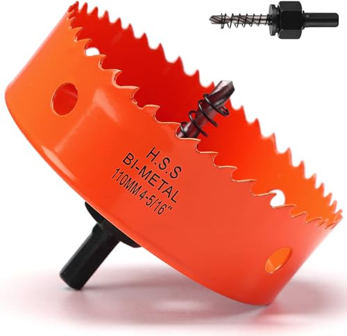 Hole Saw 110 mm Orange High-Speed Steel HSS M42 Bi-Metal Hole Saw Wood Hole Cutter with Hex Shank and Drill Bit with 35 mm Cutting Depth for Wood, Drywall and Sheet Metal