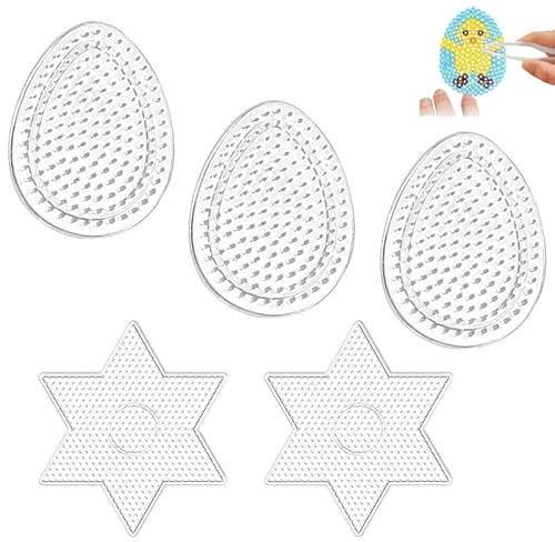 Azlanway Lot de 5 plaques de perles à repasser transparentes en forme d'œuf de 9 x 7 cm et étoile hexagonale de 16 x 14 cm, plaques de stylo pour enfants et adultes, accessoires de bricolage pour